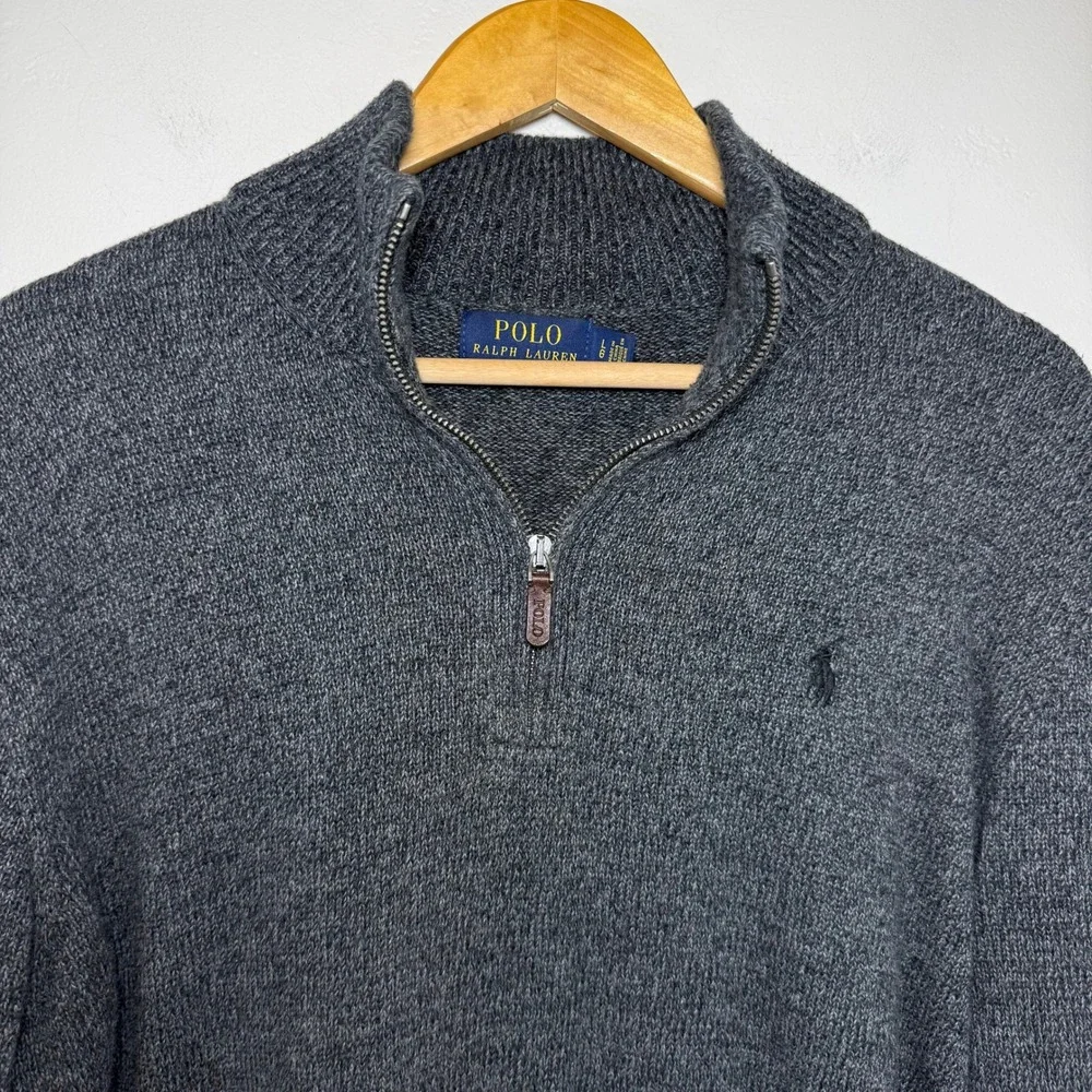 Polo Ralph Lauren Quarter Zip Sweater Grey Cotton Pony Logo Classic Preppy Large